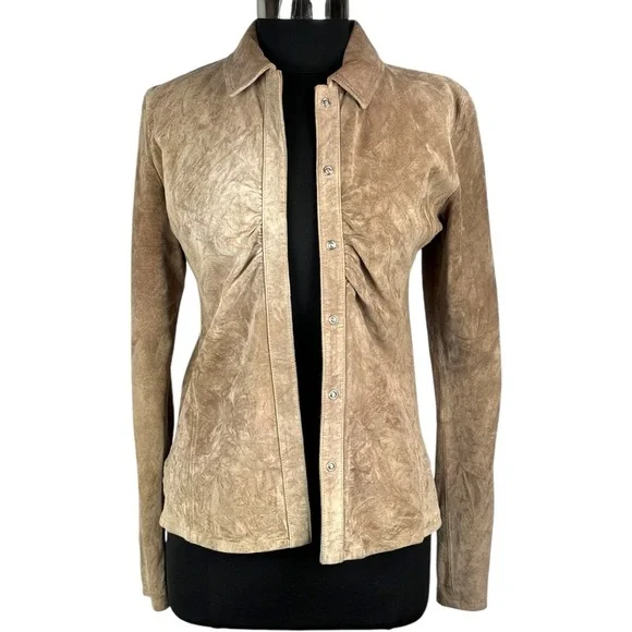 SUTTON STUDIO SUEDE LEATHER RUCHED COLLARED WESTERN SHIRT JACKET SHACKET - Picture 5 of 15